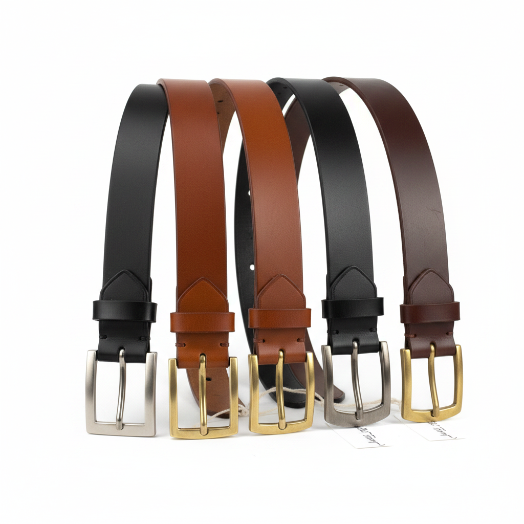 Handmade genuine leather classic belt with buckle in tan and black