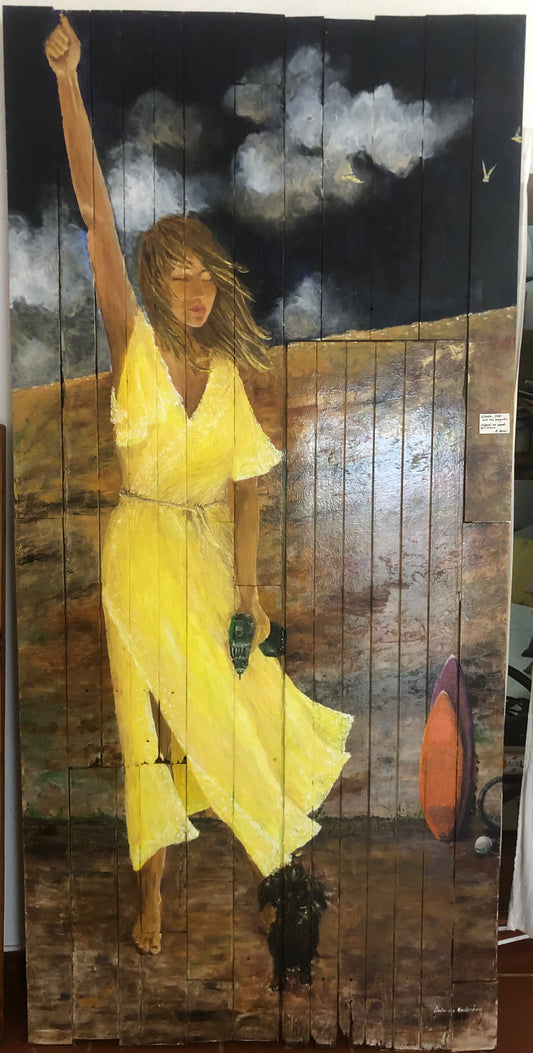 Woman and Dog at City Wall - Original Oil Painting on Wood